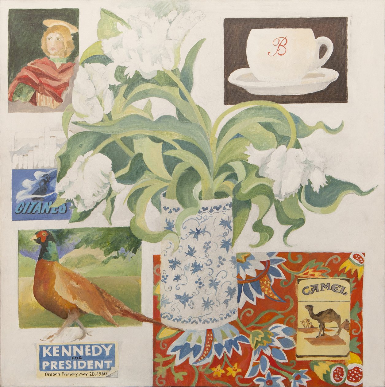 Ephemera, bl.a. kaffekopp, cigarettpaket, vykort och tulpaner av Jennifer Abbott