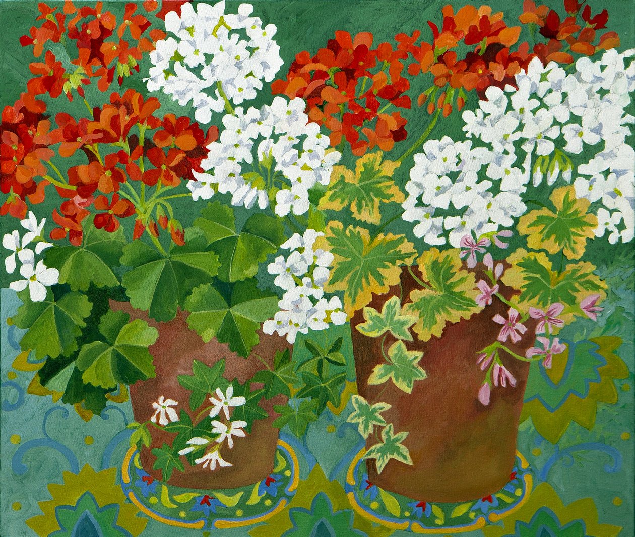 Röda och vita pelargoner i krukor, 2013 (akryl på duk) av Jennifer Abbott