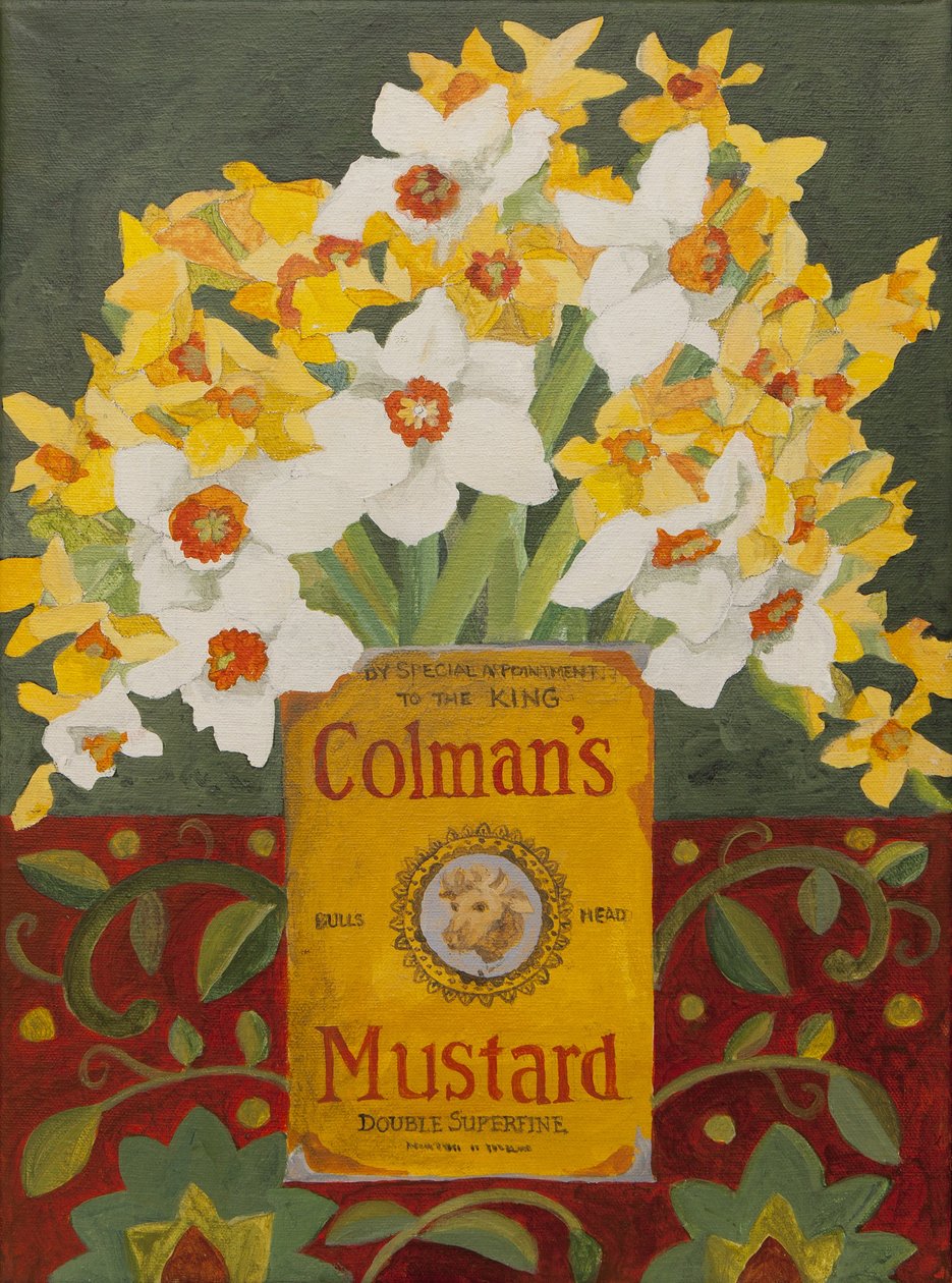 Vit och gul narcissi i Colmans senapsburk (akryl) av Jennifer Abbott
