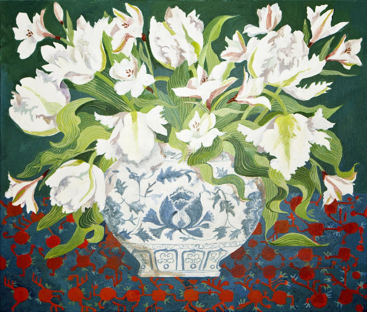 Vita dubbla tulpaner och alstroemerior, 2013 (akryl på duk) av Jennifer Abbott