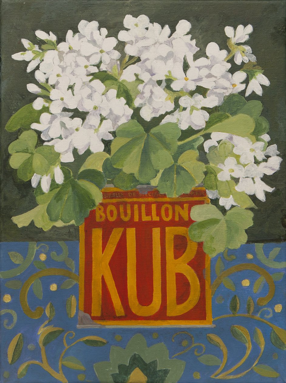Vita pelargoner i gammal kubburk (akryl) av Jennifer Abbott