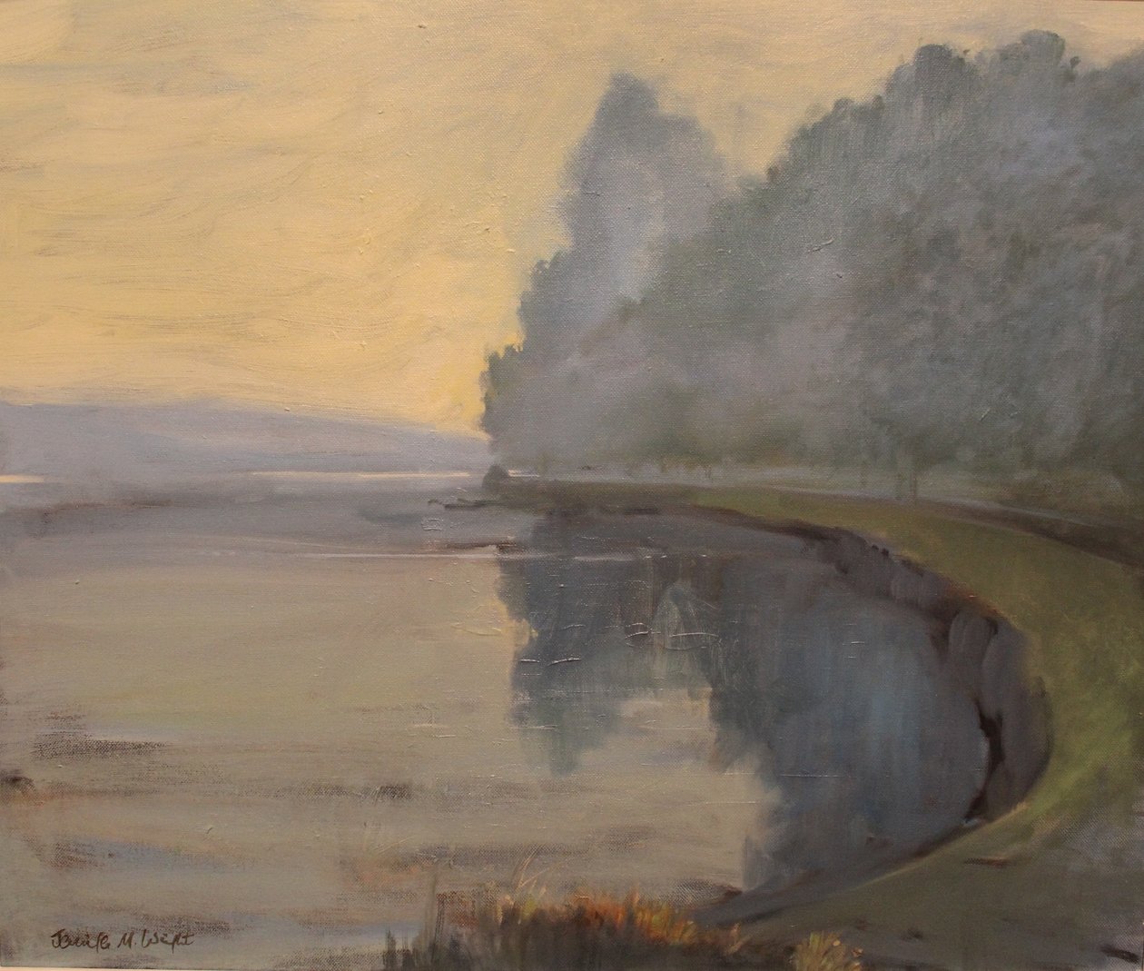 Batson Creek Salcombe, tidig morgon, olja på duk, 2016 av Jennifer Wright