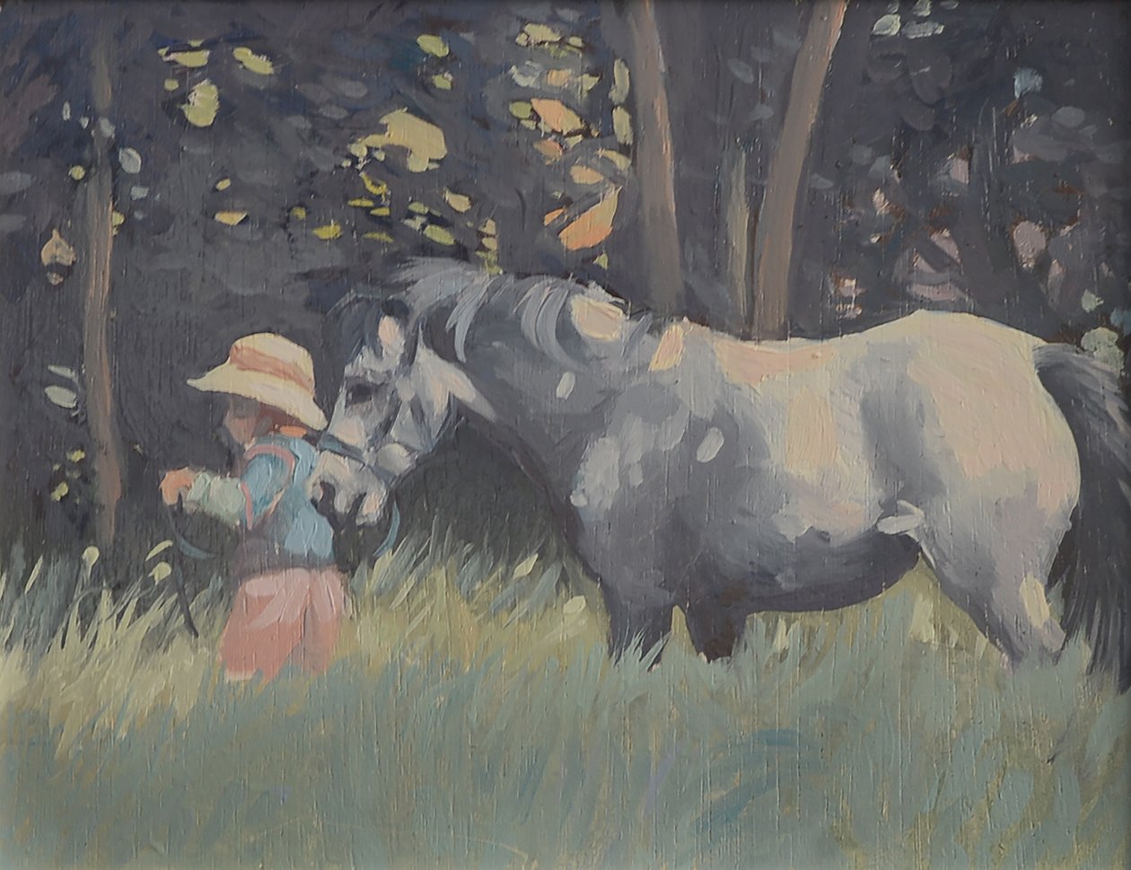 Caroline och ponnyn Rosie (olja på duk) av Jennifer Wright
