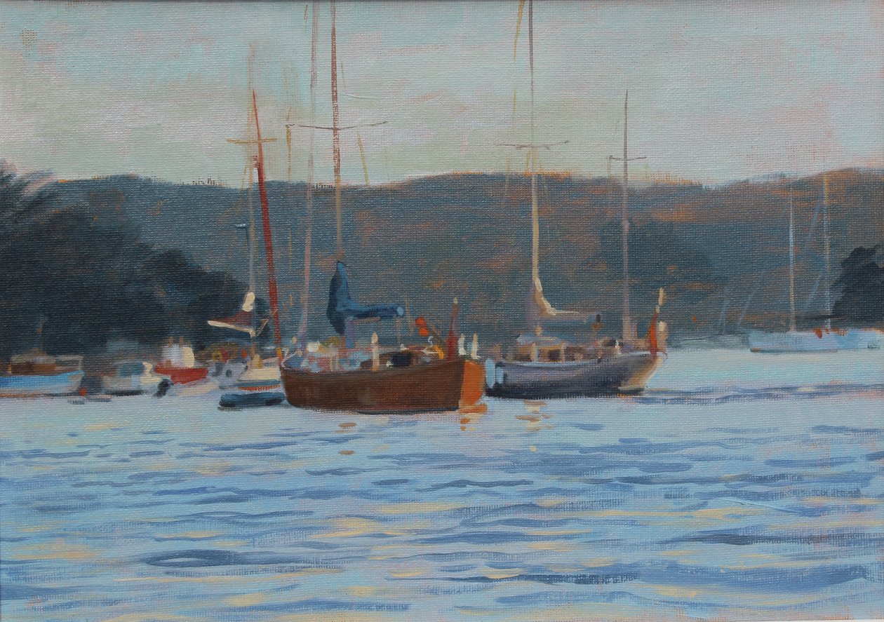 Kvällsyachter Salcombe, olja ombord, 2016 av Jennifer Wright