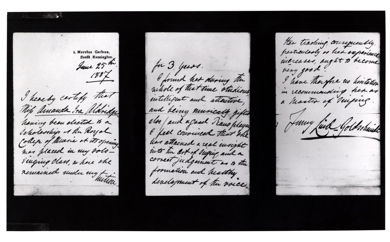 Signerat brev, 1887 (penna och bläck på papper) (foto i svartvitt) av Jenny Lind