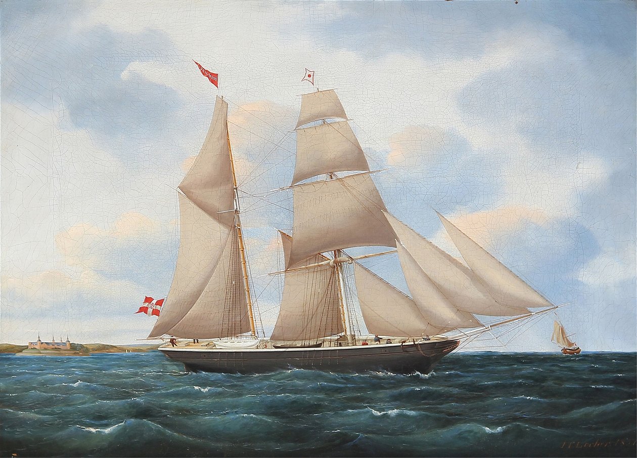 Seascape with a sailing ship Johanne with Kronborg in the background av Jens Thielsen Locher