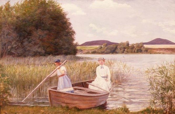 Konstnärens fru och dotter i en roddbåt av Jens Jensen Egebjerg