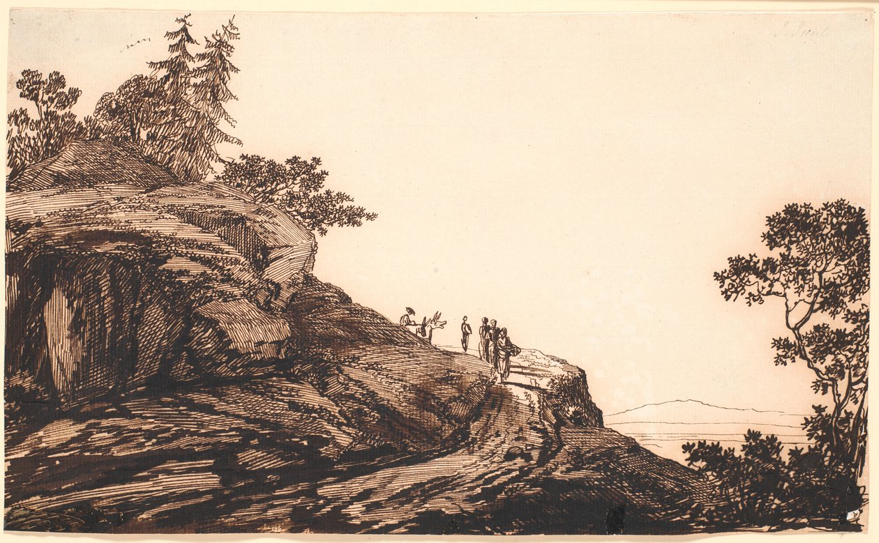 Berglandskap med människor och åsnor på en väg av Jens Juel