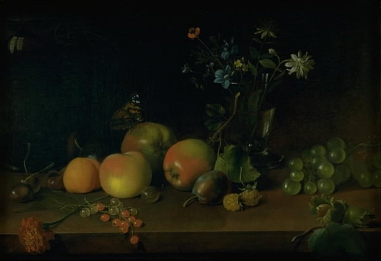 Blommor och frukt på ett bord av Jens Juel