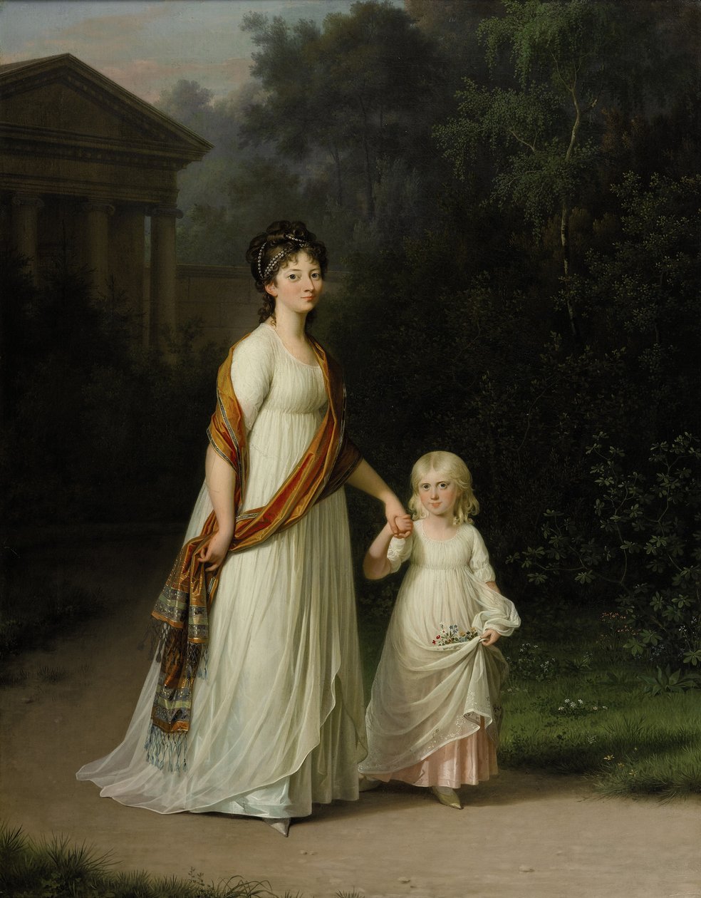 Kronprinsessan Marie Sophie Frederikke med dottern prinsessan Caroline promenerar i en romantisk park av Jens Juel