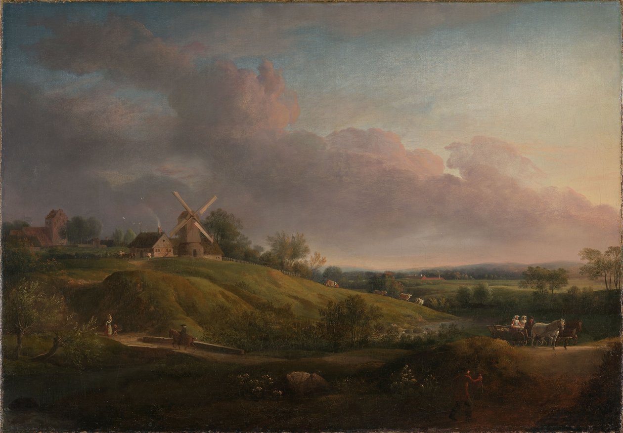 Landskap med en kyrka och en kvarn av Jens Juel