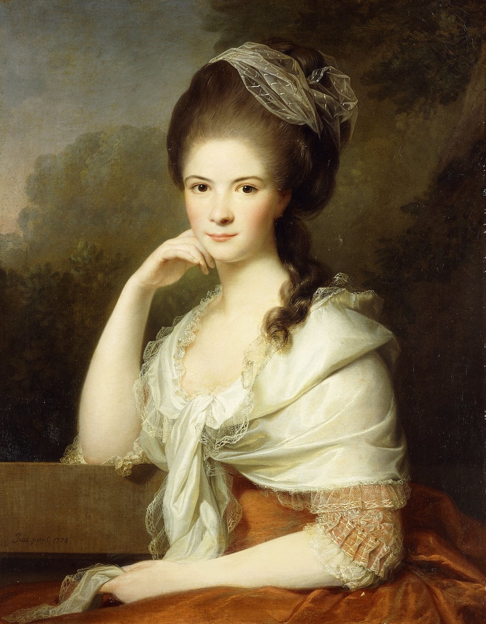 Porträtt av en dam, sittande halvlångt, iklädd en brun klänning och en vit sjal, 1778 av Jens Juel