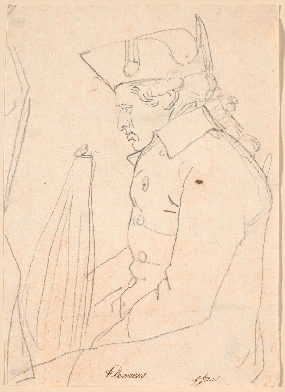 Porträtt av gravören J.F. Clemens. Tre fjärdedels figur sittande i profil till vänster av Jens Juel