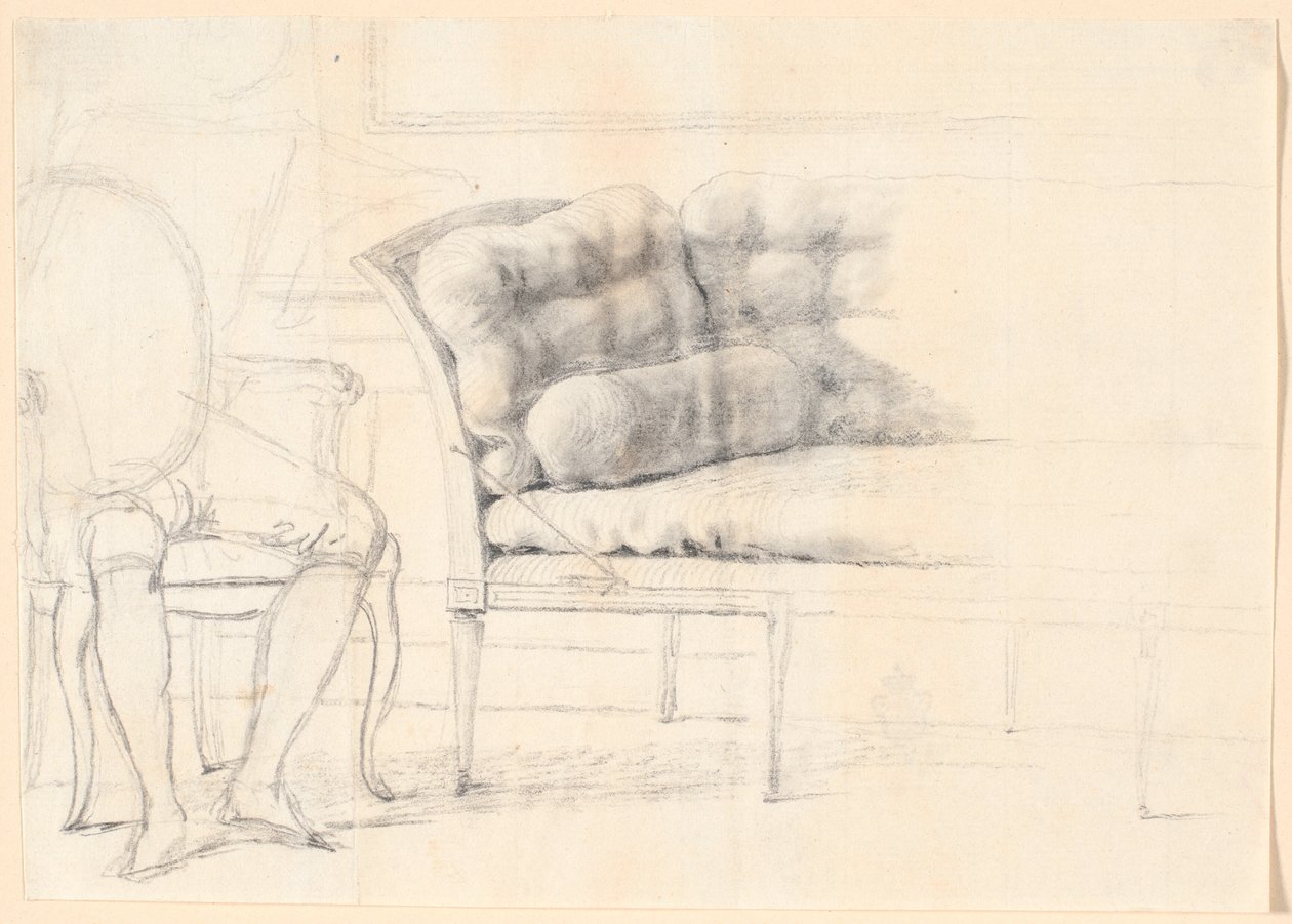 Studie till familjeporträttet Holmskiold från 1787: den stoppade soffan, och till vänster en stol med Holmskiolds figur skisserad av Jens Juel