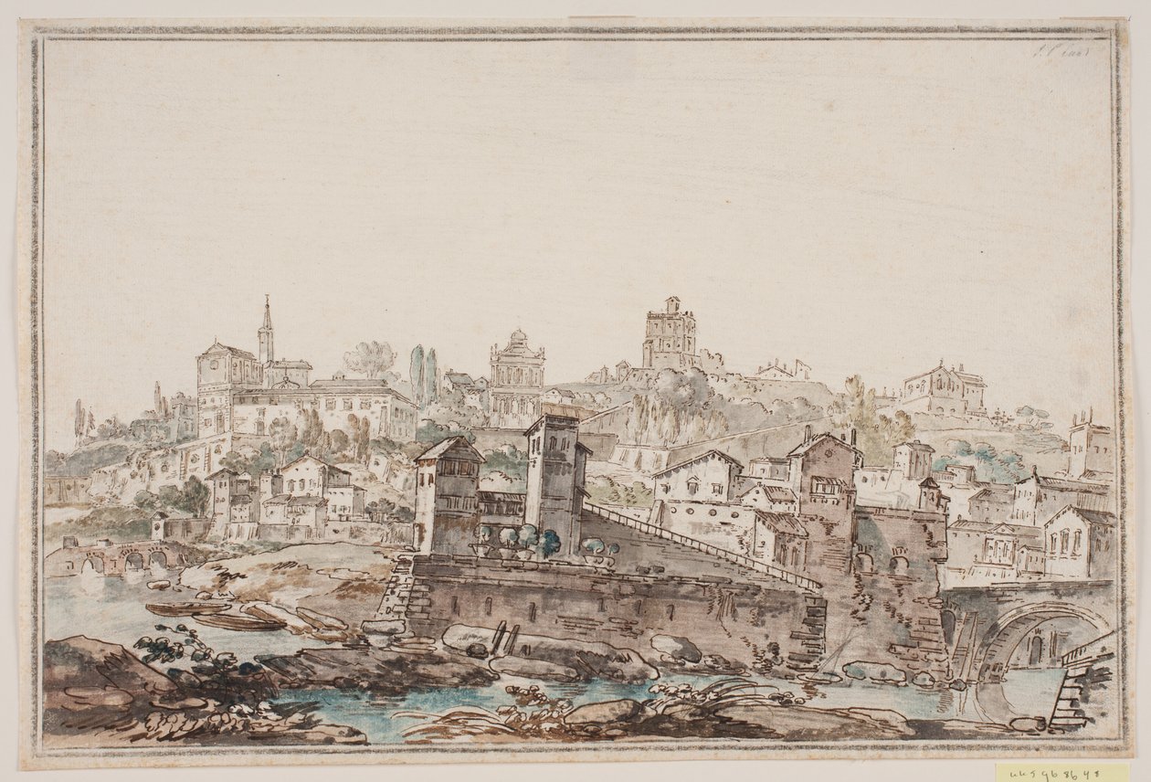 Stadsprospekt med hus och kyrka vid floden. Antika Rom av Jens Petersen Lund