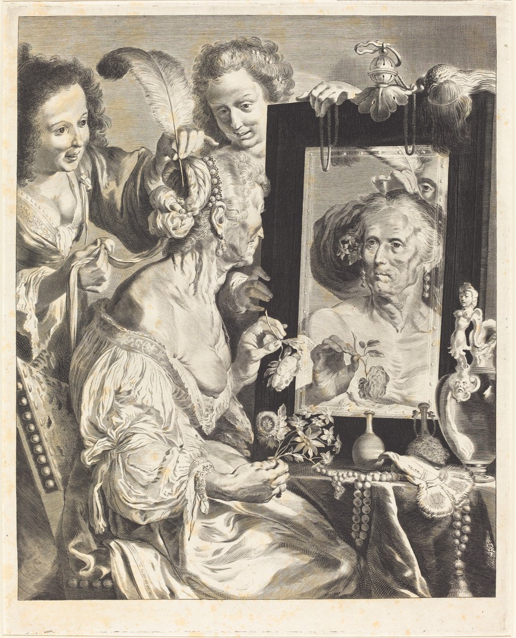 En gammal kvinna vid toalettbordet av Jeremias Falck after Johann Liss after Bernardo Strozzi
