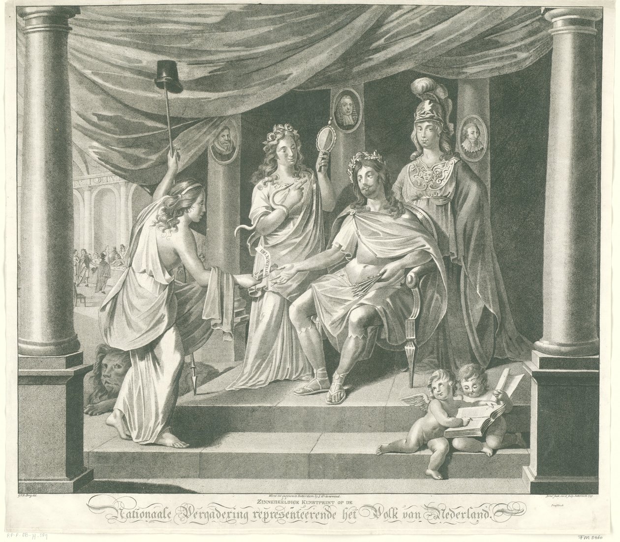 Allegori om nationalförsamlingen, 1796 Symboliskt konsttryck vid nationalförsamlingen som representerar folket i Nederländerna (titel på objekt) av Jeremias Snoek