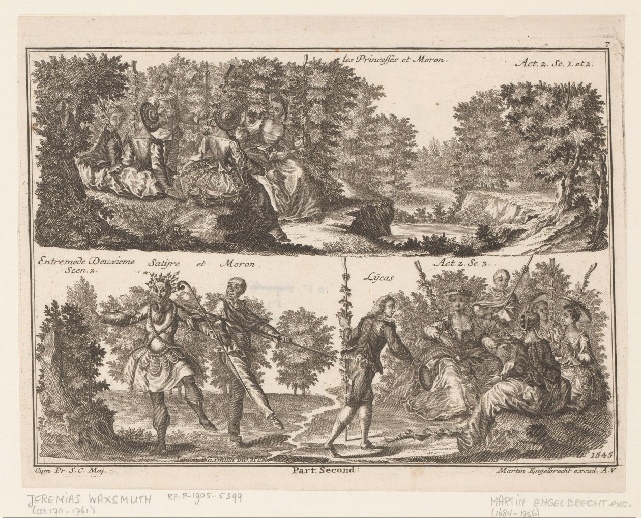 Två teaterscener med figurer i ett skogslandskap Les Princesses et Moron (titel på objekt) av Jeremias Wachsmuth