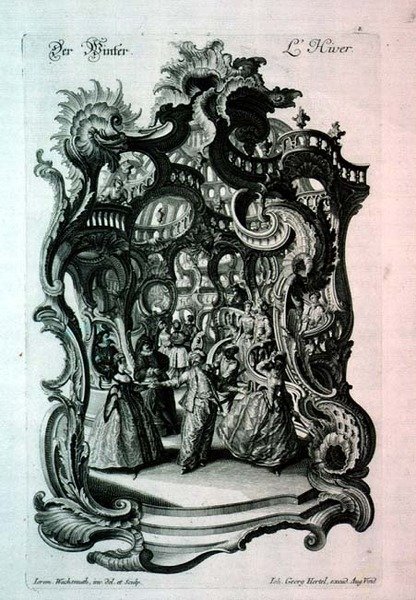 Vinter, rokokomusikblad föreställande en prydnadsboll, pub. av Johann Georg Hertel av Jeremias Wachsmuth