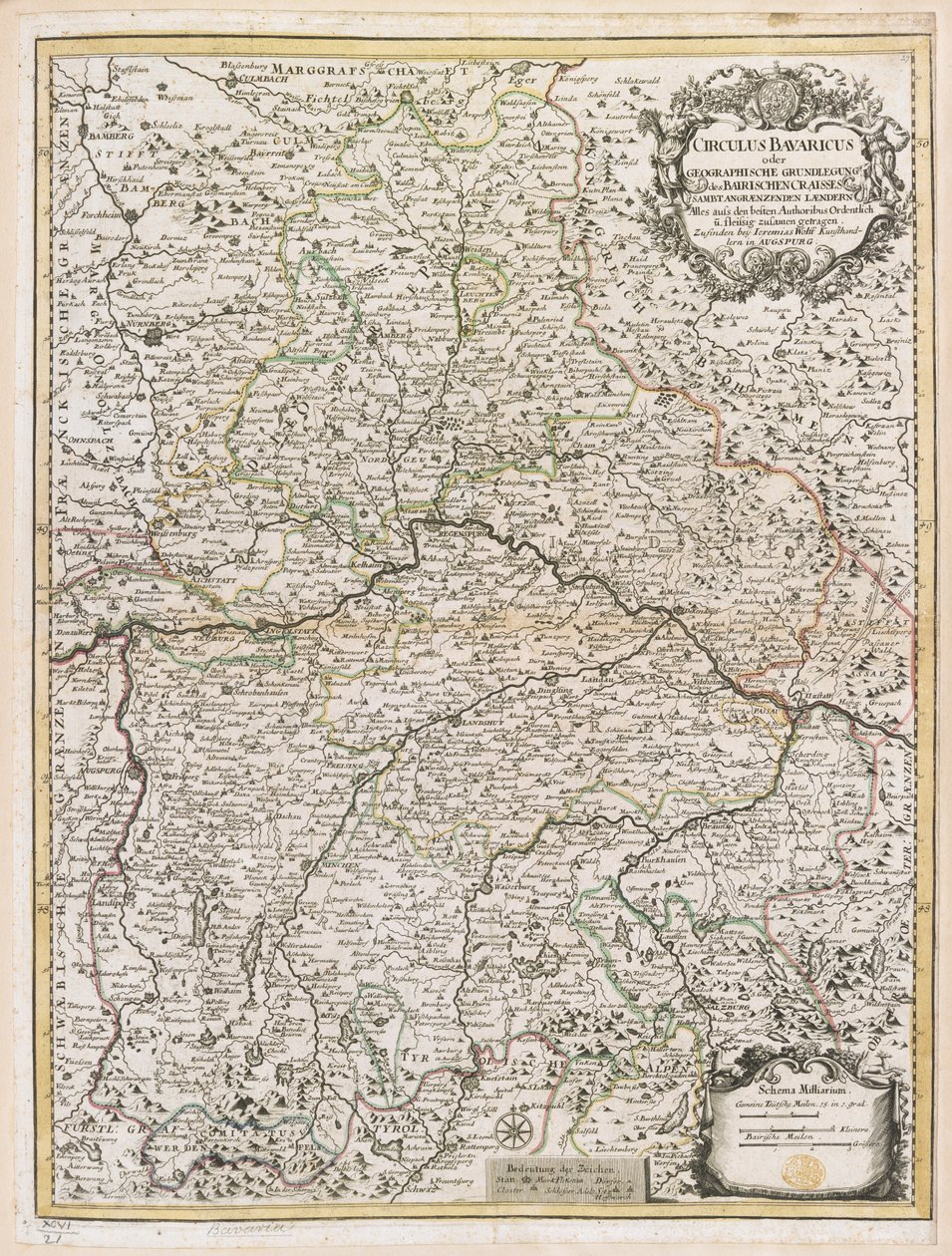 Karta över Bayern, ca 1695 (färgad gravyr) av Jeremias Wolff