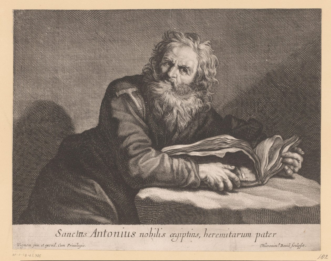 H. Antonius met een boek Sankt Antonius ädlingen av Egypten, eremiternas fader (titel på objektet) av Jerôme David