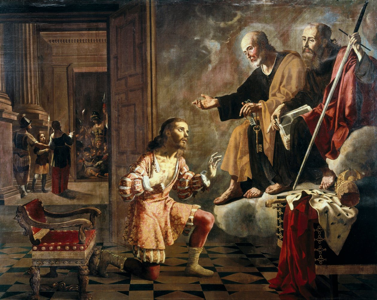 Med apostlarna Sankt Peter och Sankt Paulus framträdande för den romerske kejsaren Konstantin I den store (272-337), den första kejsaren som konverterade till kristendomen av Jeronimo Jacinto Espinosa