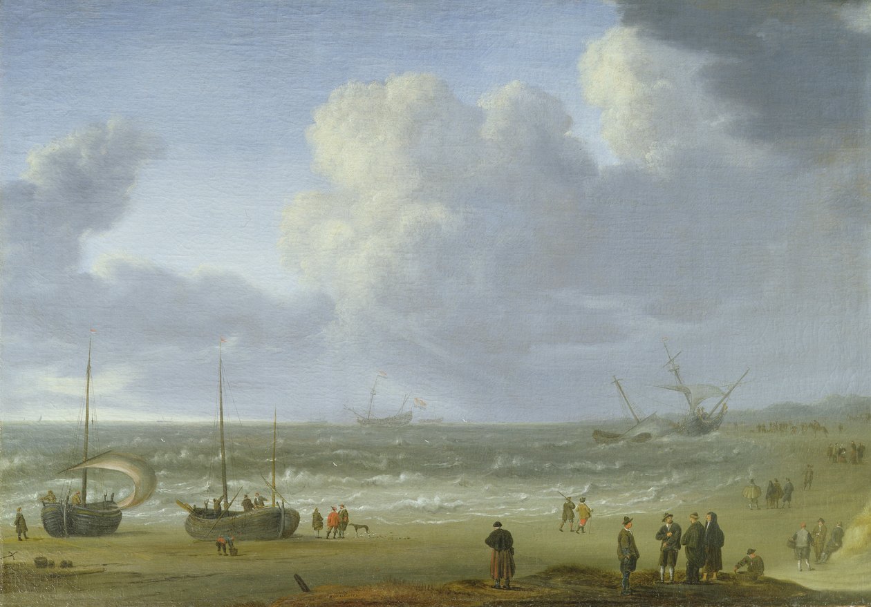 Skeppar i en mynning med fiskare vid en brygga av Jeronimus van Diest