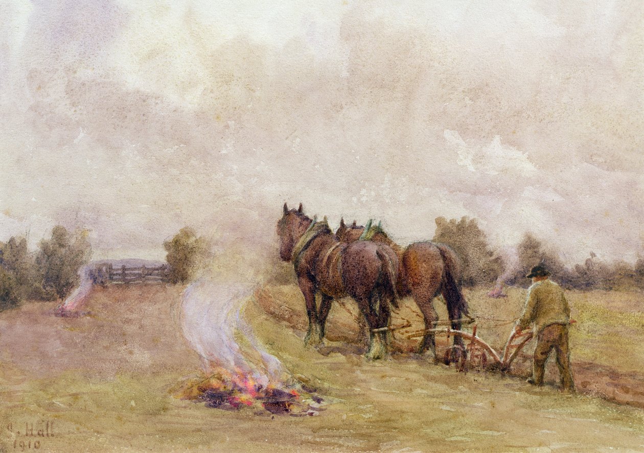 Plöjningsscen med bränder på en åker, 1910 av Jessie Hall