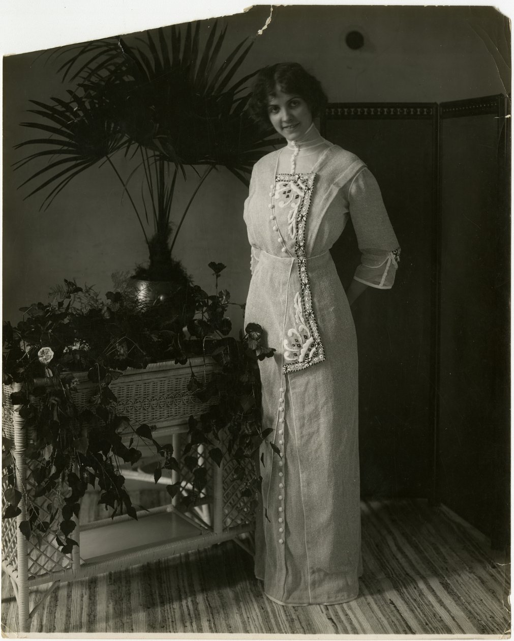 Grått turkiskt material med svartvitt broderi, Lord & Taylor, ca 1905-18 (gelatinsilverfoto) av Jessie Tarbox Beals