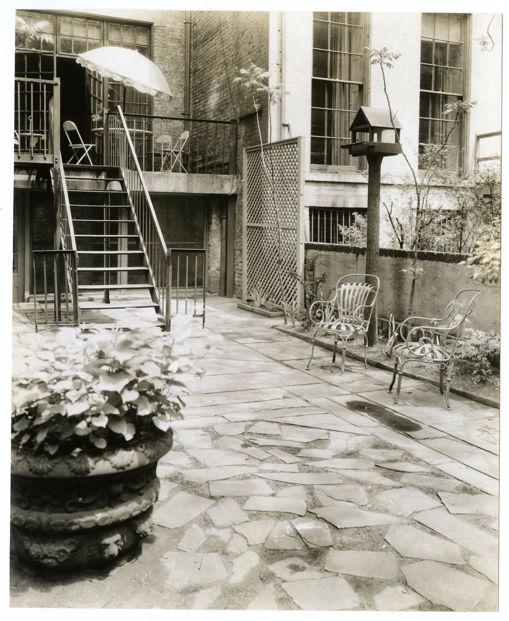 uteplats på bakgården med fågelhus, New York, USA, ca 1905-40 (foto av gelatinsilver) av Jessie Tarbox Beals