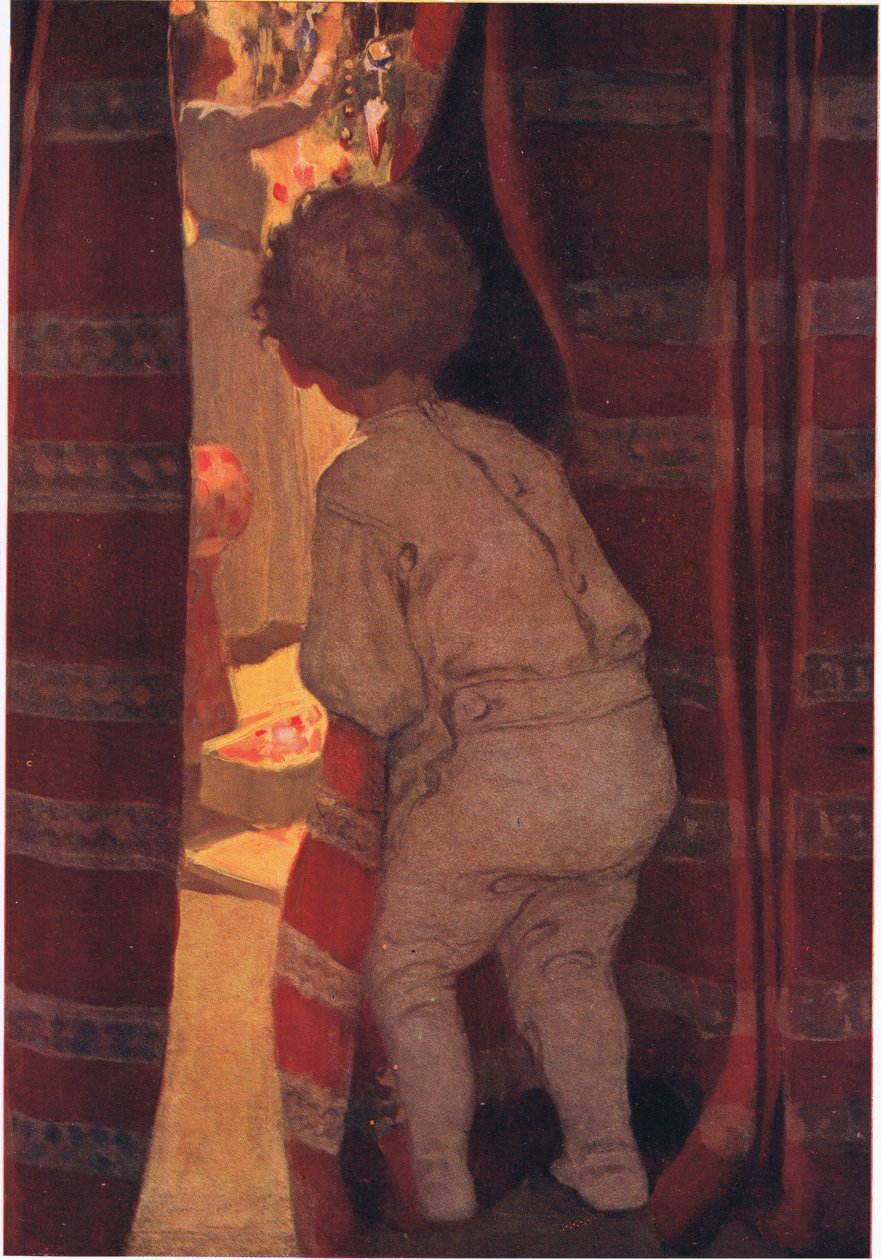 Han smög ner för att ta en titt i salongen (färg litho) av Jessie Willcox Smith