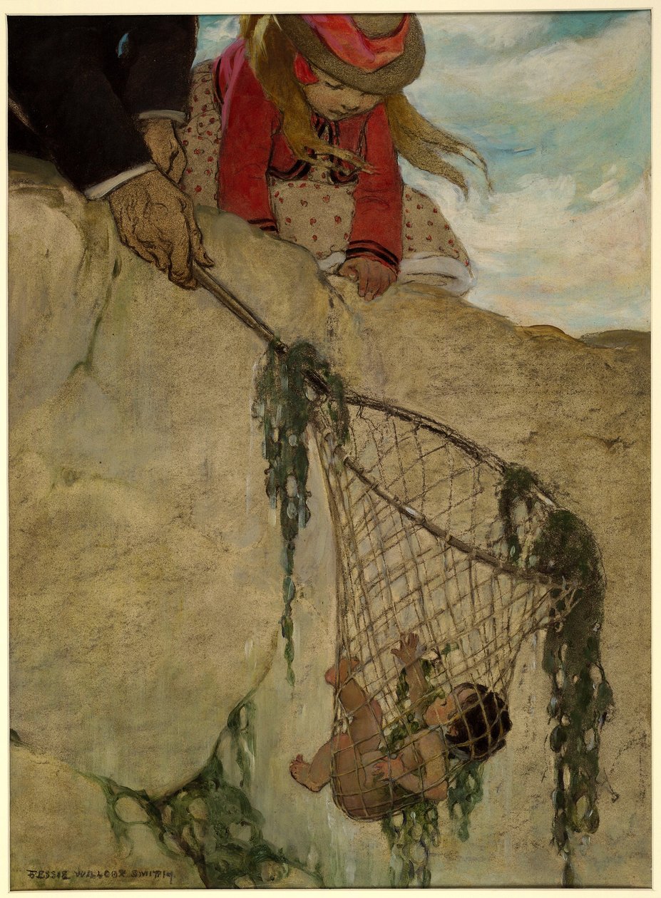 Han kände nätet väldigt tungt, från The Water Babies av Charles Kingsley, pub. 1916 (lito i färg) av Jessie Willcox Smith