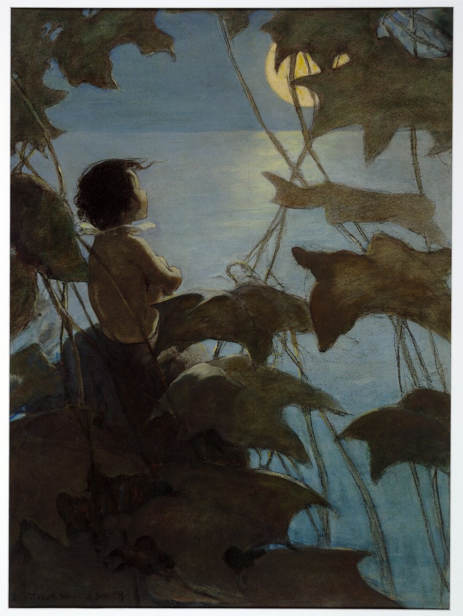 Han tittade upp på den breda gula månen och trodde att hon tittade på honom, från The Water Babies av Charles Kingsley, pub. 1916 (lito i färg) av Jessie Willcox Smith