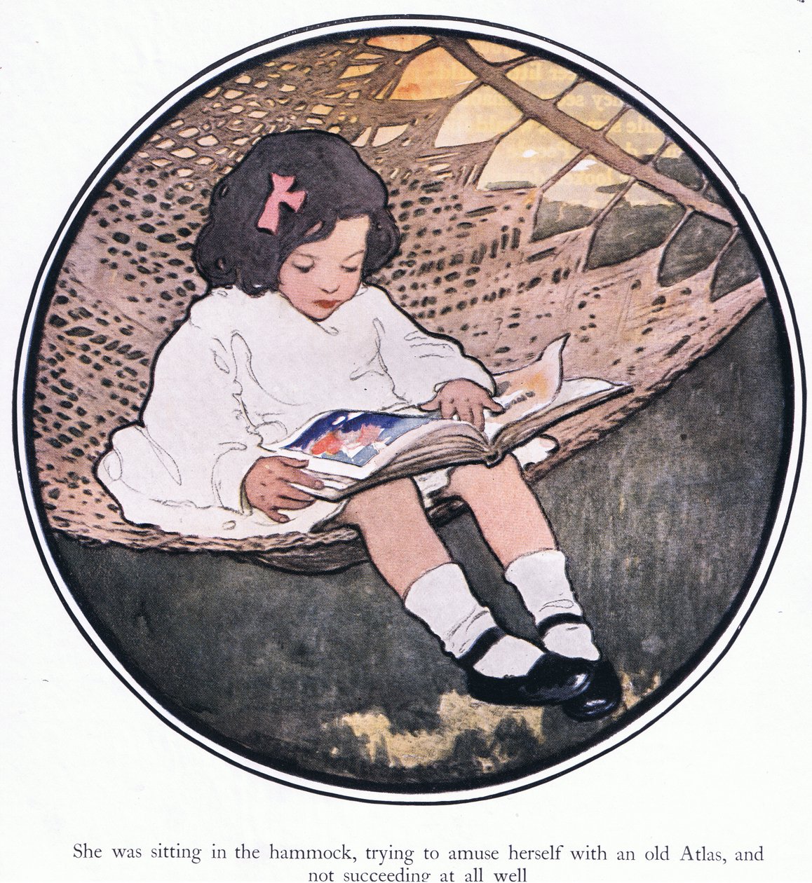 Hon satt i hängmattan och försökte roa sig med en gammal atlas och lyckades inte alls bra (färg litho) av Jessie Willcox Smith