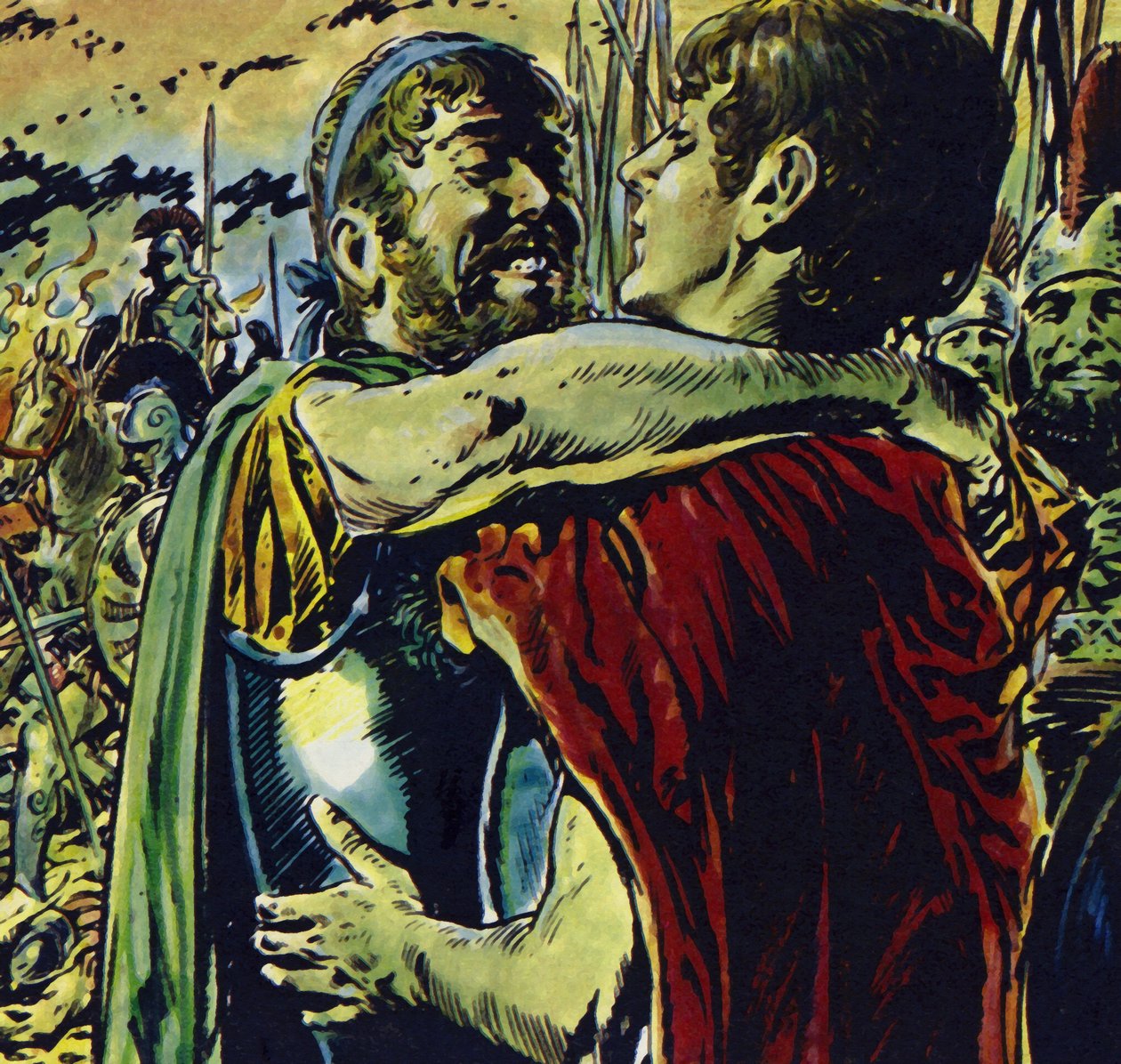 Alexander tillsammans med sin far i strid mot grekerna (färglitografi) av Jesus Blasco