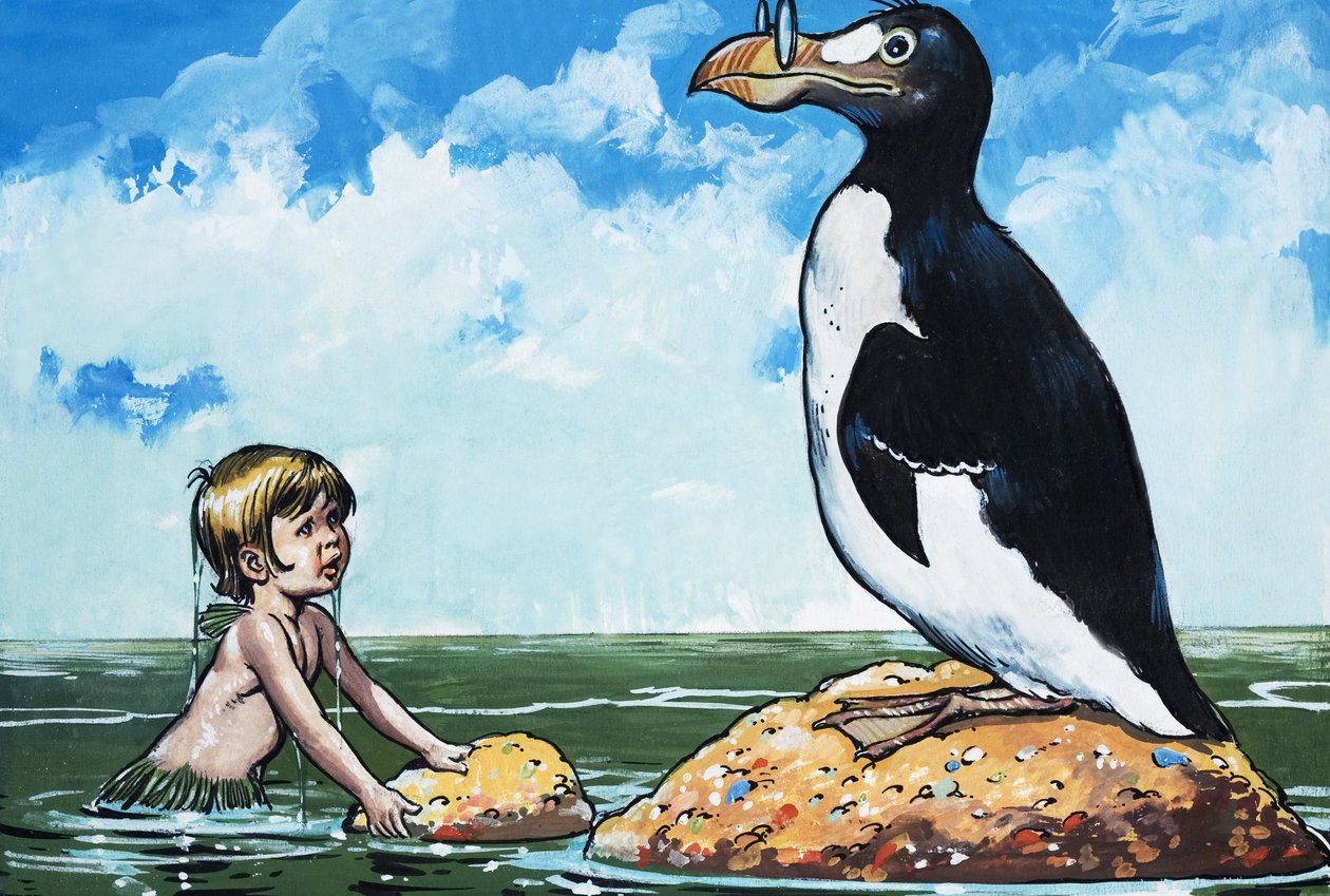 Boy and A Garefowl, illustration från "The Water Babies" av Charles Kingsley (gouache på papper) av Jesus Blasco