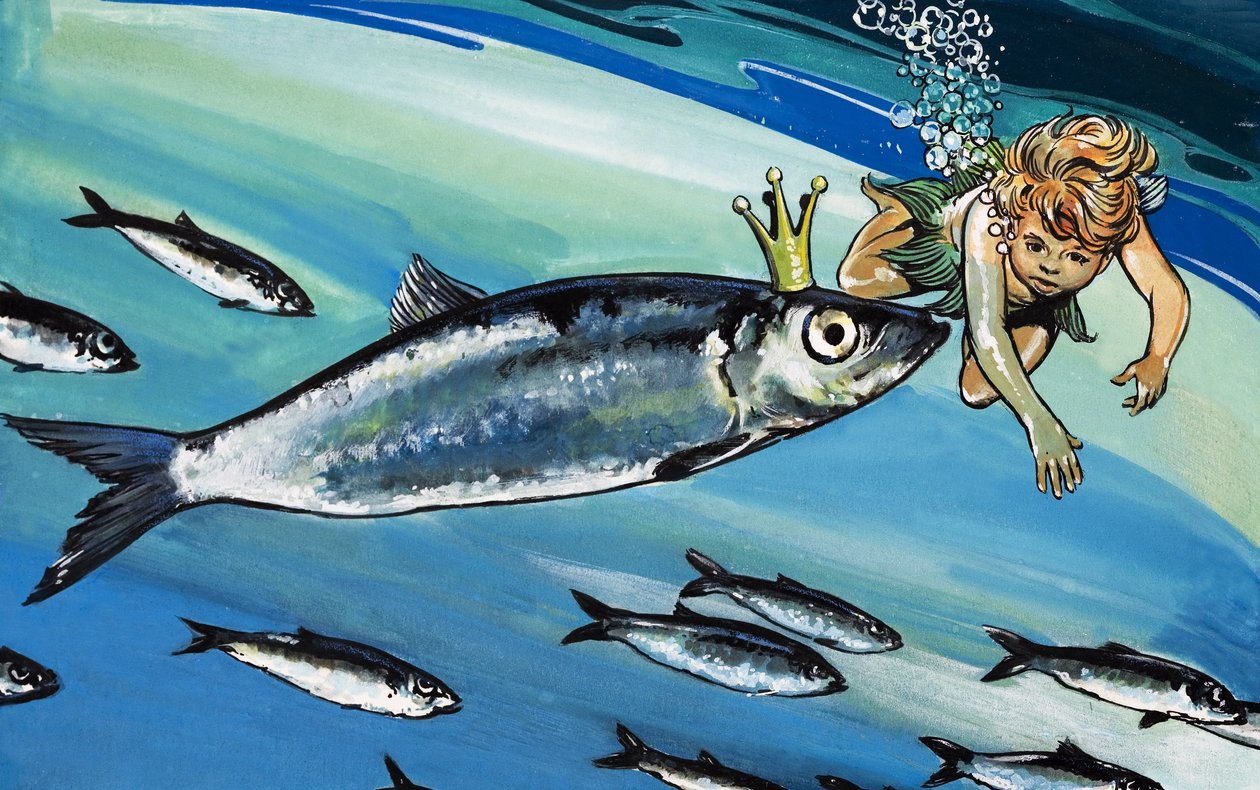 Pojke som simmar med en fisk, illustration från "The Water Babies" av Charles Kingsley (gouache på papper) av Jesus Blasco
