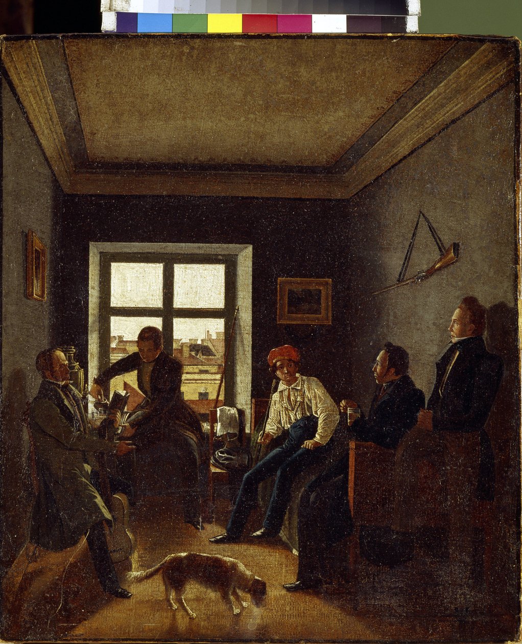 Klockan sju på kvällen (litterär kväll). Målning av Evgraf Fyodorovich Krendovski (1810-efter 1853), olja på duk, cirka 1820. Rysk konst av Jevgraf Fiodorovitch Krendovsky