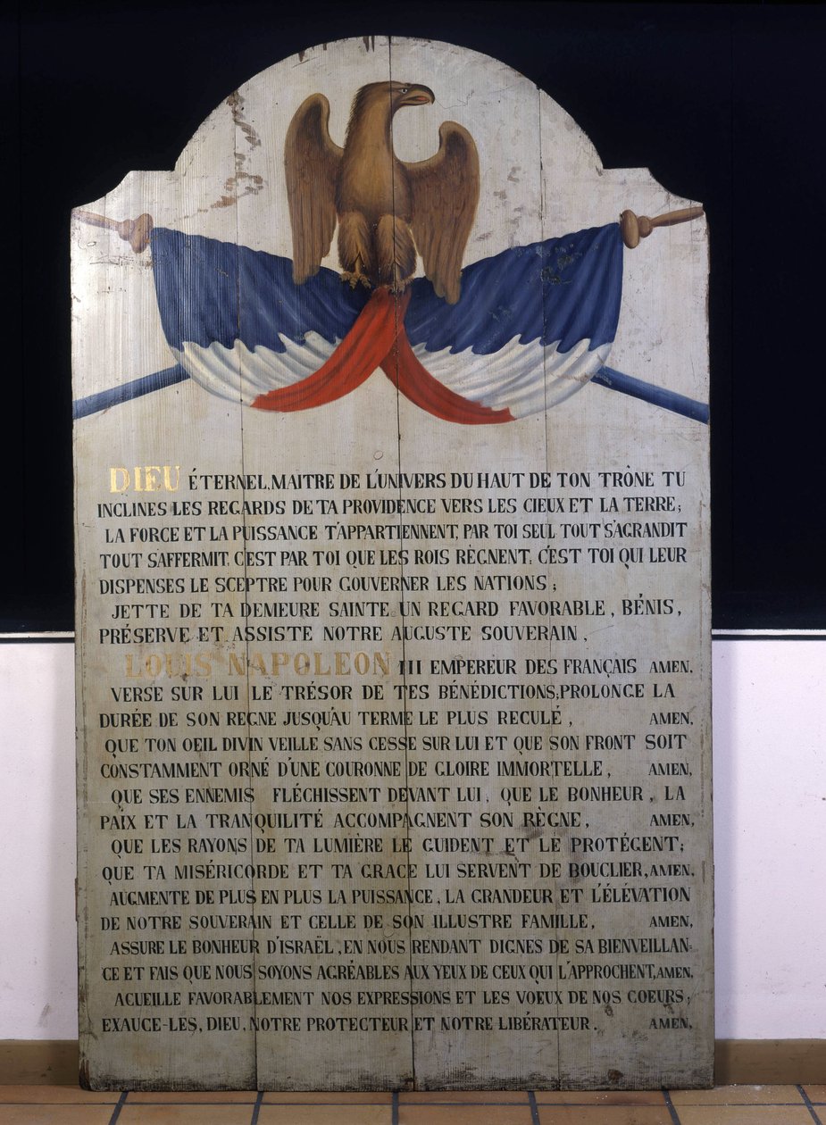 Inskription på trä: Judisk bön på franska för kejsar Napoleon III. 1800-talets Alsace av Jewish School