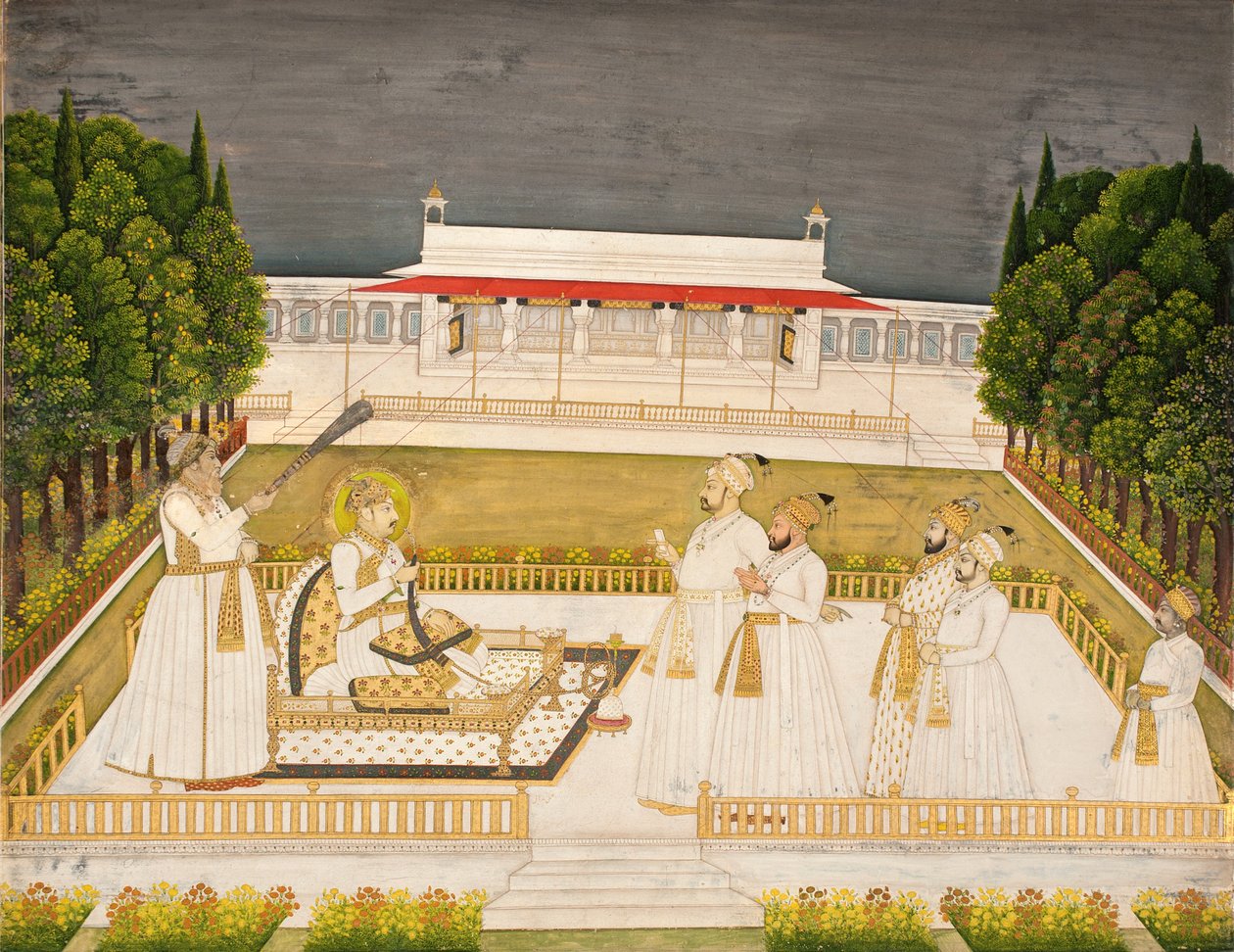 Muhammed Shah tronar på en terrass på natten med sina officerare, ca 1735 (ogenomskinlig wc och guld på papper) av Jharokha Nidha Mal