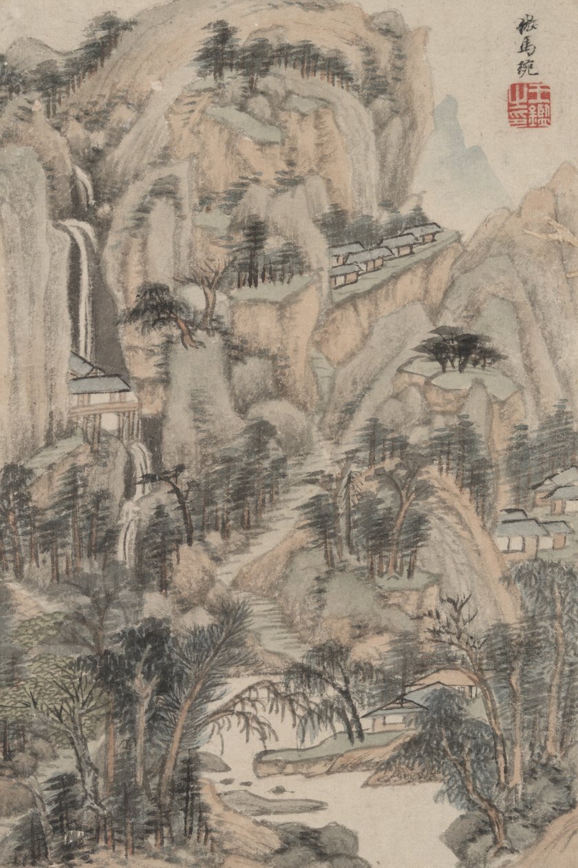 Landskap i stil med olika gamla mästare: I stil med Ma Wan, 1669 (bläck och färg på papper) av Wang Jian