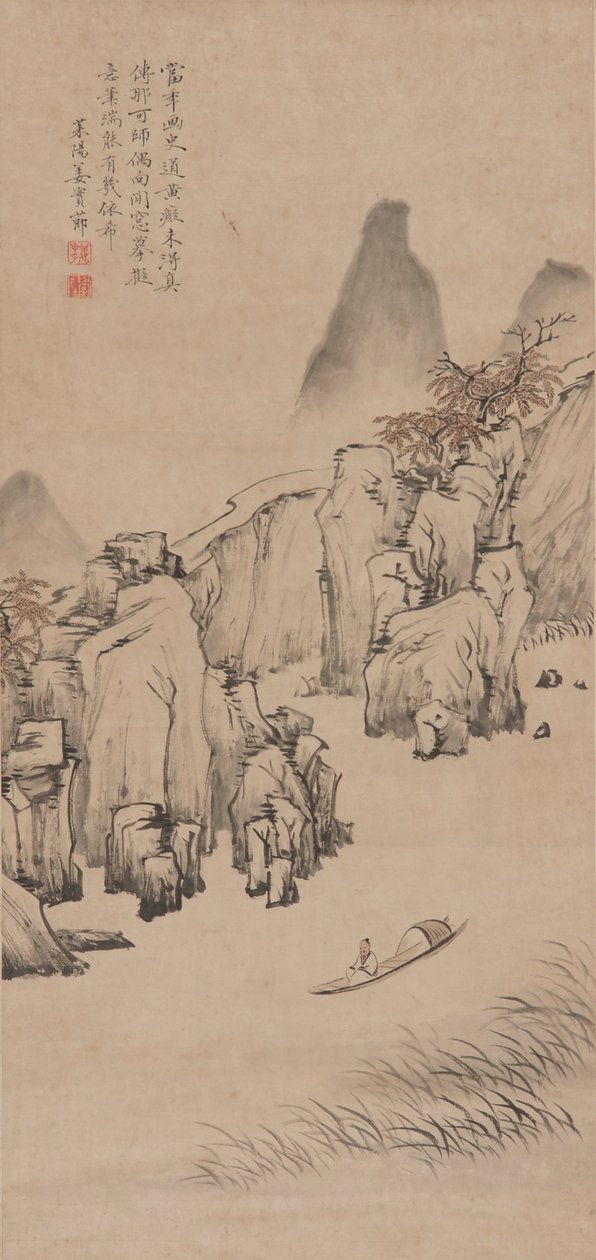 Flodlandskap med en man i en båt, Qingdynastin, slutet av 1600- början av 1700-talet (bläck och färg på papper) av Jiang Shijie