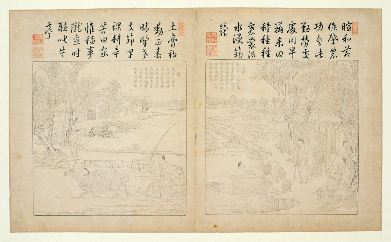 Yuzhi gengzhi tu (Bearbetning och vävning illustrerad) 1696 (träblocktryck) av Jiao Bingzhen