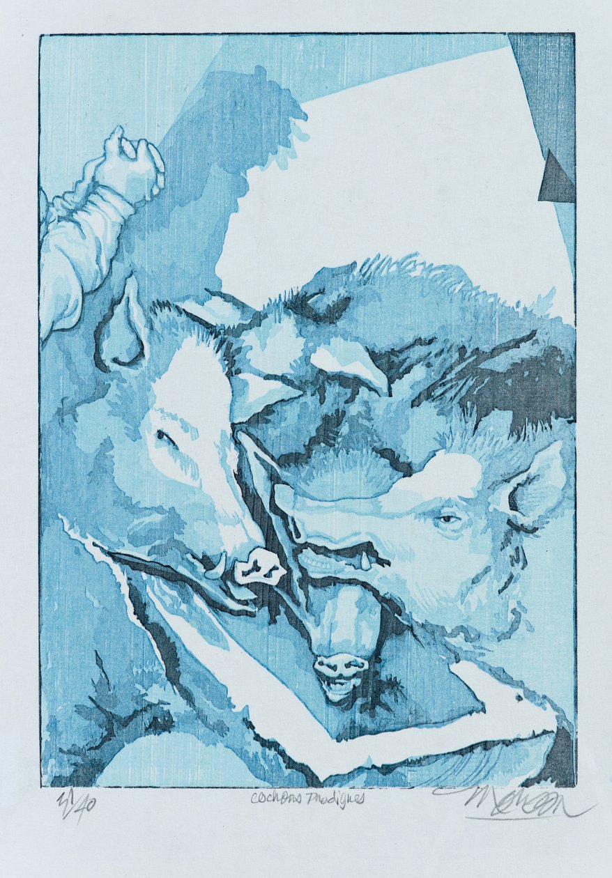 Förlorade grisar, 2015 (träsnitt) av Jim Monson