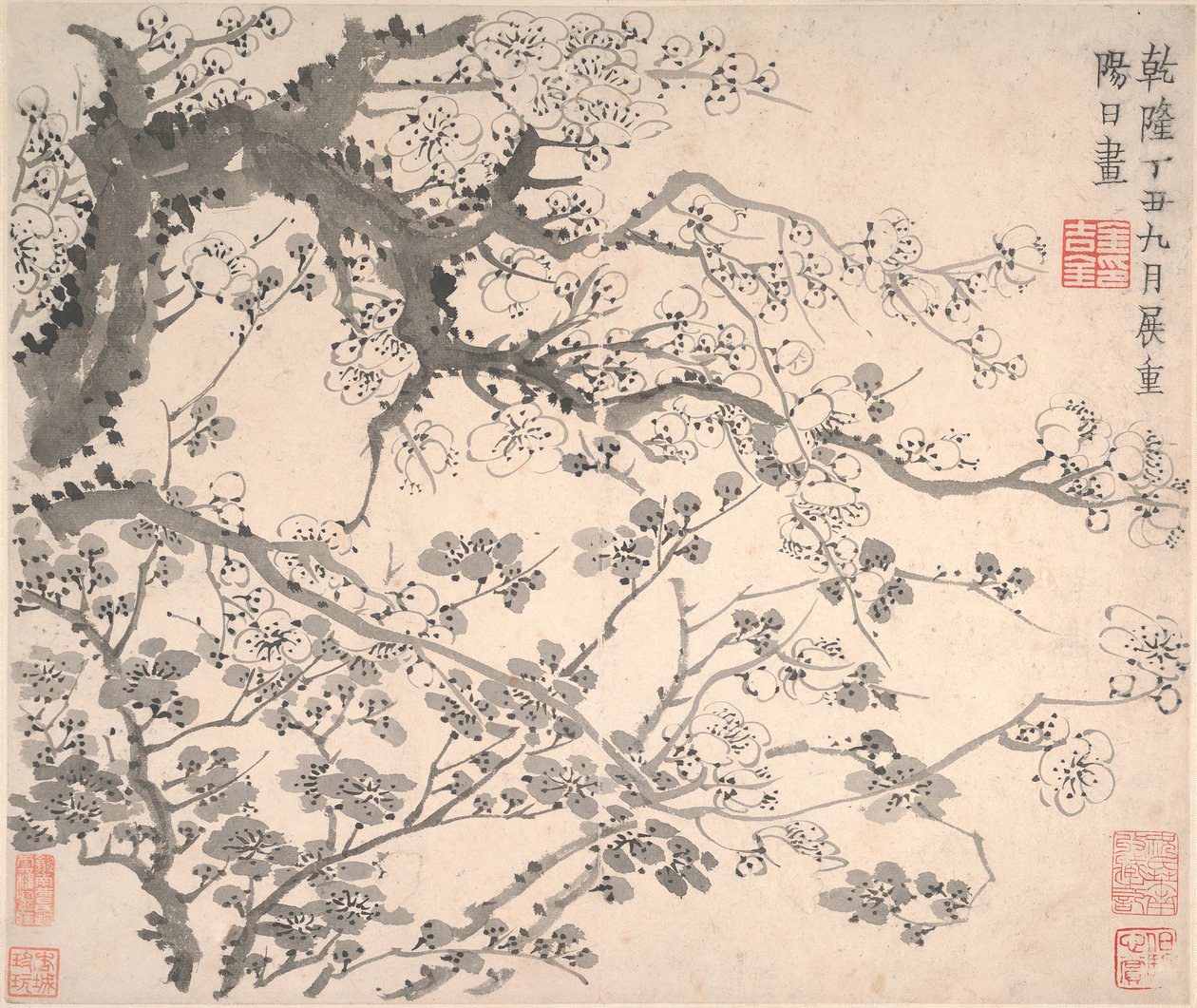 Plommonblommor, daterad 1757. av Jin Nong