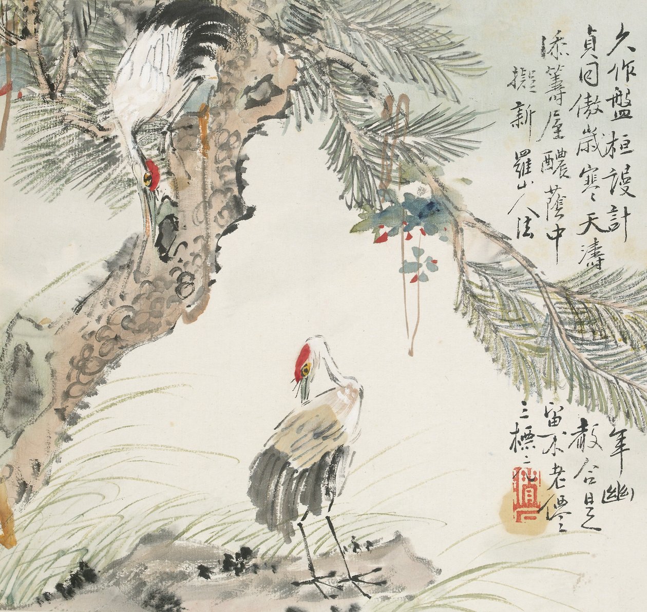 Ett par tranor vid en tall, 1857 av Jin Yuan