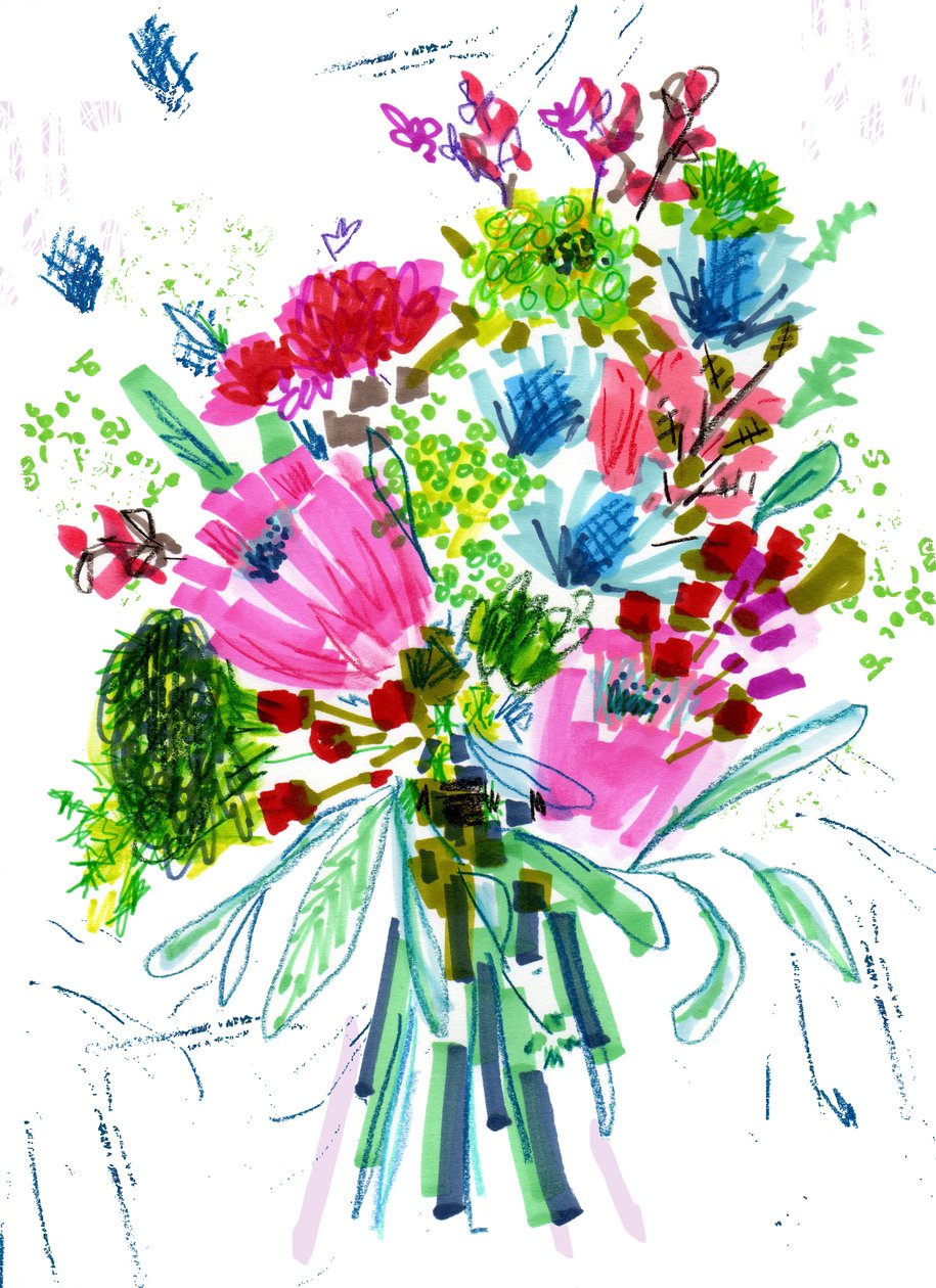 Bukett. 2014 (penna och bläck, krita på papper) av Jo Chambers