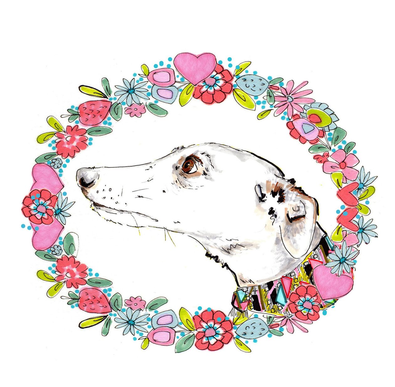 Silvertips Greyhound With Floral Border, 2012 (penna och bläck, digitalt) av Jo Chambers