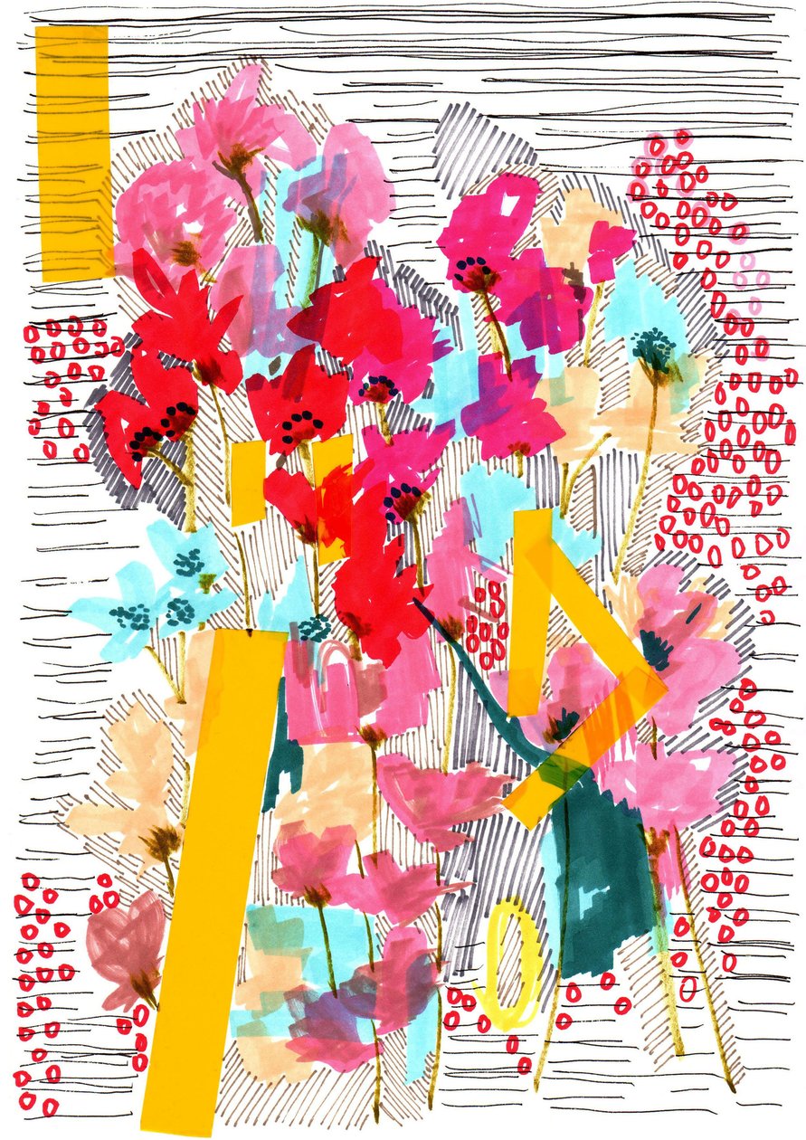 Floral Doodle 3, 2013 (penna, bläck, collage och papper) av Jo Chambers