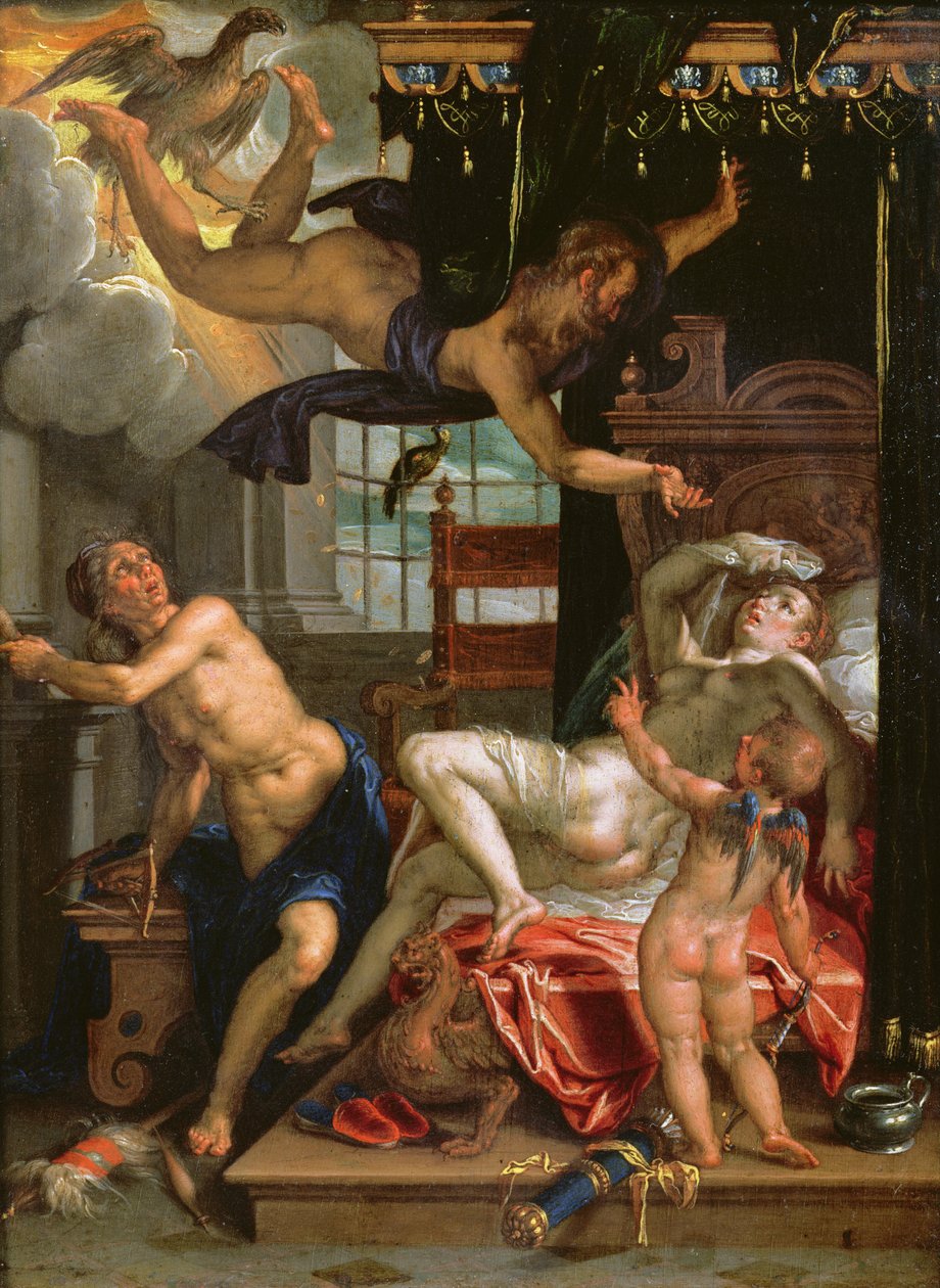 Jupiter och Danae (olja på koppar) av Joachim Wtewael or Utewael